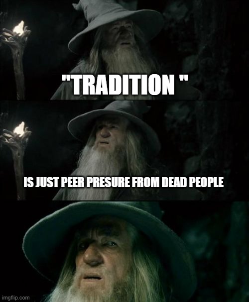 Confused Gandalf Meme | "TRADITION "; IS JUST PEER PRESURE FROM DEAD PEOPLE | image tagged in memes,confused gandalf | made w/ Imgflip meme maker