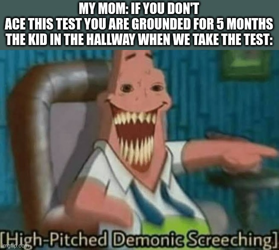 will you please stop screaming FOR 2 MINUTES | MY MOM: IF YOU DON'T ACE THIS TEST YOU ARE GROUNDED FOR 5 MONTHS

THE KID IN THE HALLWAY WHEN WE TAKE THE TEST: | image tagged in high-pitched demonic screeching | made w/ Imgflip meme maker