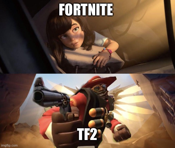 Demoman aiming gun at Girl | FORTNITE TF2 | image tagged in demoman aiming gun at girl | made w/ Imgflip meme maker