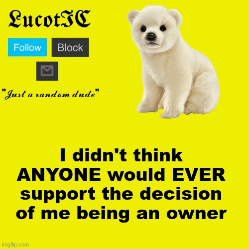 ? | I didn't think ANYONE would EVER support the decision of me being an owner | image tagged in lucotic polar bear announcement template | made w/ Imgflip meme maker