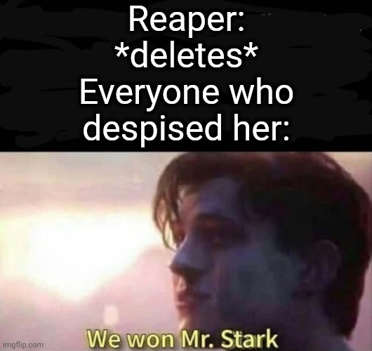 We won Mr. Stark | Reaper: *deletes*
Everyone who despised her: | image tagged in we won mr stark | made w/ Imgflip meme maker