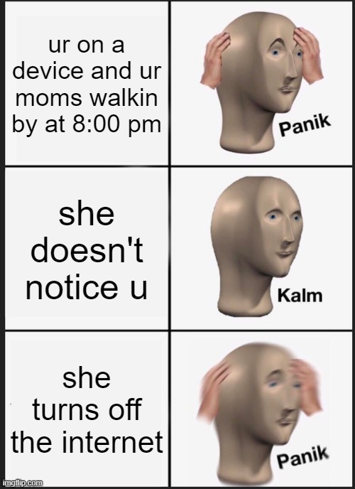 Panik Kalm Panik | ur on a device and ur moms walkin by at 8:00 pm; she doesn't notice u; she turns off the internet | image tagged in memes,panik kalm panik | made w/ Imgflip meme maker