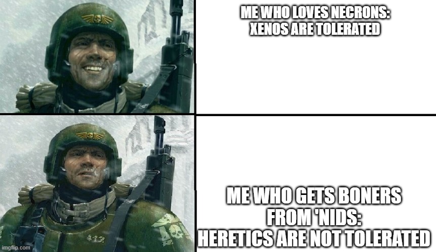 I am sorry, but i seriously have this problem. | ME WHO LOVES NECRONS:
XENOS ARE TOLERATED; ME WHO GETS BONERS FROM 'NIDS:
HERETICS ARE NOT TOLERATED | image tagged in smiling guardsman | made w/ Imgflip meme maker