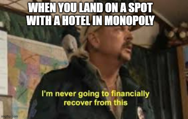 im never going to recover from this | WHEN YOU LAND ON A SPOT WITH A HOTEL IN MONOPOLY | image tagged in im never going to recover from this | made w/ Imgflip meme maker