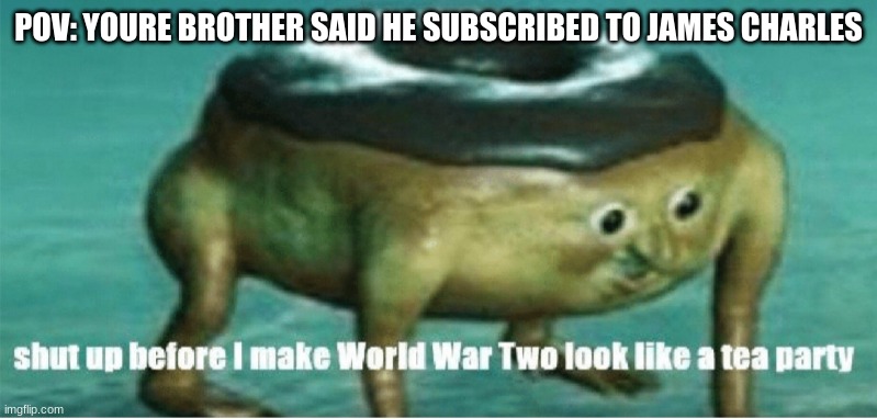 Shut up before I make world war two look like a tea party |  POV: YOURE BROTHER SAID HE SUBSCRIBED TO JAMES CHARLES | image tagged in shut up before i make world war two look like a tea party | made w/ Imgflip meme maker