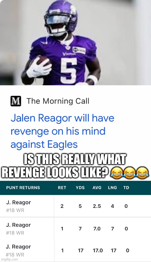 Jalen Reagor Revenge? | IS THIS REALLY WHAT REVENGE LOOKS LIKE? 😂😂😂 | image tagged in philadelphia eagles,minnesota vikings,nfl memes,jalon reagor,revenge | made w/ Imgflip meme maker