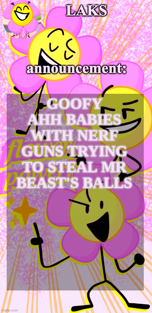 proof msmg will laugh at anything | GOOFY AHH BABIES WITH NERF GUNS TRYING TO STEAL MR BEAST'S BALLS | image tagged in laks's flower temp | made w/ Imgflip meme maker