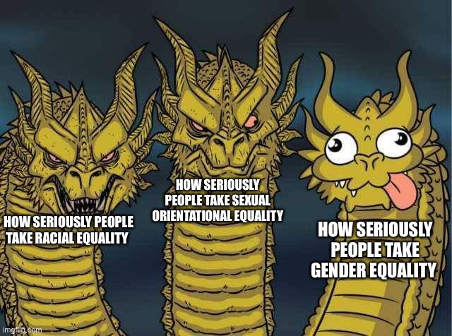 Agree? | HOW SERIOUSLY PEOPLE TAKE SEXUAL ORIENTATIONAL EQUALITY; HOW SERIOUSLY PEOPLE TAKE GENDER EQUALITY; HOW SERIOUSLY PEOPLE TAKE RACIAL EQUALITY | image tagged in equality | made w/ Imgflip meme maker