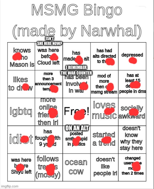 lol | ISN’T SHE HERE NOW? I REMEMBER THE WAR COUNTER; ON AN ALT | image tagged in msmg bingo | made w/ Imgflip meme maker