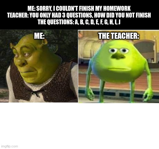 shrek | ME: SORRY, I COULDN'T FINISH MY HOMEWORK
TEACHER: YOU ONLY HAD 3 QUESTIONS, HOW DID YOU NOT FINISH
THE QUESTIONS: A, B, C, D, E, F, G, H, I, J; THE TEACHER:; ME: | image tagged in blank white template | made w/ Imgflip meme maker