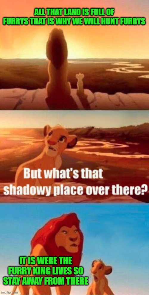 Furry Land | ALL THAT LAND IS FULL OF FURRYS THAT IS WHY WE WILL HUNT FURRYS; IT IS WERE THE FURRY KING LIVES SO STAY AWAY FROM THERE | image tagged in memes,simba shadowy place | made w/ Imgflip meme maker