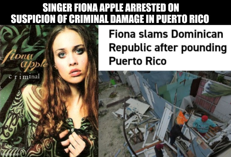 Singer Fiona Apple Arrested On Suspicion Of Criminal Damage In Puerto Rico |  SINGER FIONA APPLE ARRESTED ON SUSPICION OF CRIMINAL DAMAGE IN PUERTO RICO | image tagged in singer,apple,arrested,criminal,damage,puerto rico | made w/ Imgflip meme maker