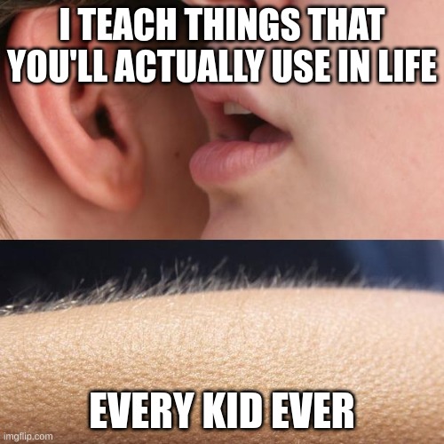 wow | I TEACH THINGS THAT YOU'LL ACTUALLY USE IN LIFE; EVERY KID EVER | image tagged in whisper and goosebumps | made w/ Imgflip meme maker