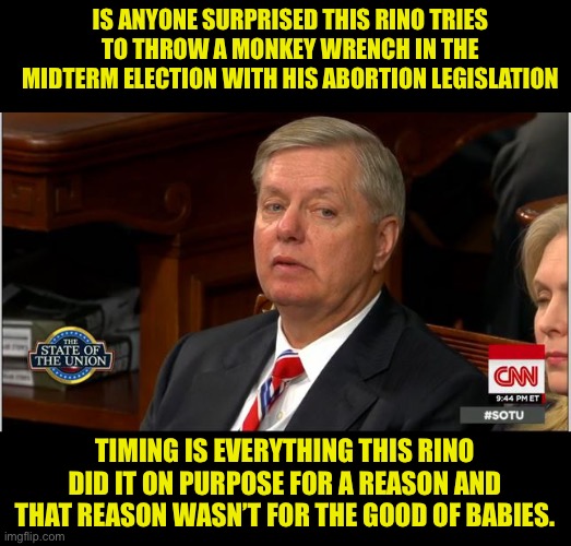 Rino’s working against America | IS ANYONE SURPRISED THIS RINO TRIES TO THROW A MONKEY WRENCH IN THE MIDTERM ELECTION WITH HIS ABORTION LEGISLATION; TIMING IS EVERYTHING THIS RINO DID IT ON PURPOSE FOR A REASON AND THAT REASON WASN’T FOR THE GOOD OF BABIES. | image tagged in lindsey graham side eye,controlled opposition,rinos must go,mitch and the original feng feng | made w/ Imgflip meme maker