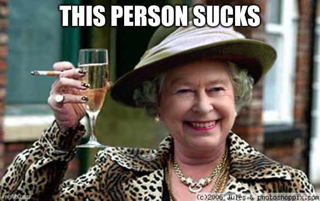 Queen Elizabeth | THIS PERSON SUCKS | image tagged in queen elizabeth | made w/ Imgflip meme maker