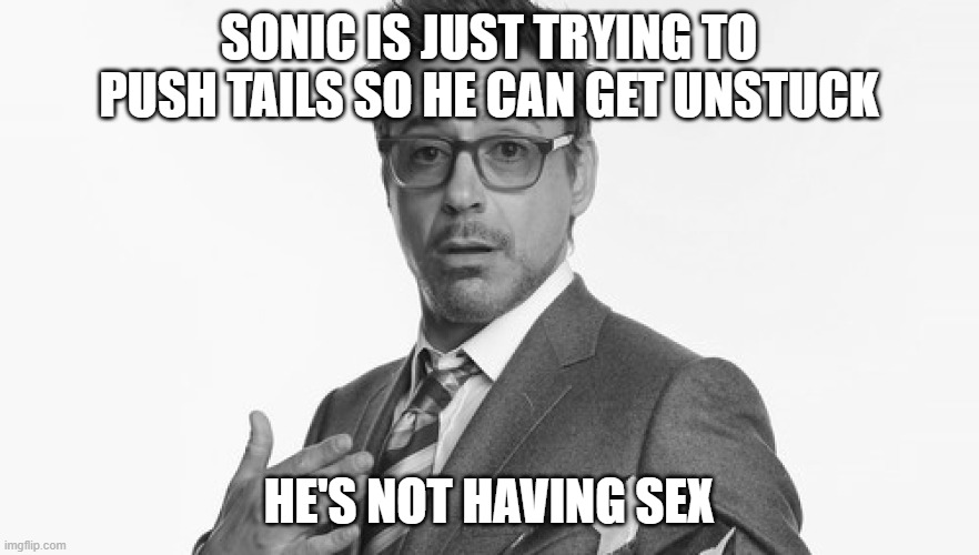 Robert Downey Jr's Comments | SONIC IS JUST TRYING TO PUSH TAILS SO HE CAN GET UNSTUCK HE'S NOT HAVING SEX | image tagged in robert downey jr's comments | made w/ Imgflip meme maker