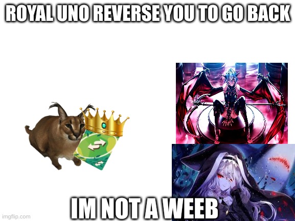 Im not a weeb | ROYAL UNO REVERSE YOU TO GO BACK; IM NOT A WEEB | image tagged in uno reverse card | made w/ Imgflip meme maker