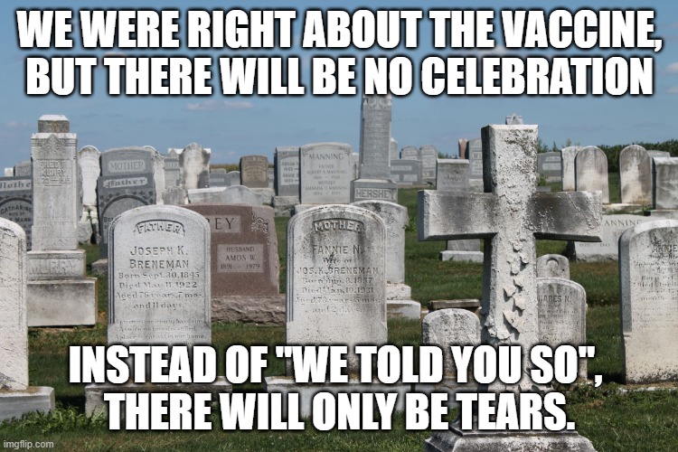 Cemetary | WE WERE RIGHT ABOUT THE VACCINE, BUT THERE WILL BE NO CELEBRATION; INSTEAD OF "WE TOLD YOU SO", 
THERE WILL ONLY BE TEARS. | image tagged in cemetary | made w/ Imgflip meme maker