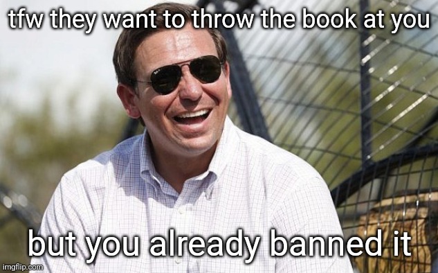 checkmate libs | tfw they want to throw the book at you; but you already banned it | image tagged in ron desantis | made w/ Imgflip meme maker