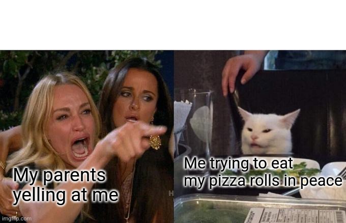 Woman Yelling At Cat | Me trying to eat my pizza rolls in peace; My parents yelling at me | image tagged in memes,woman yelling at cat | made w/ Imgflip meme maker