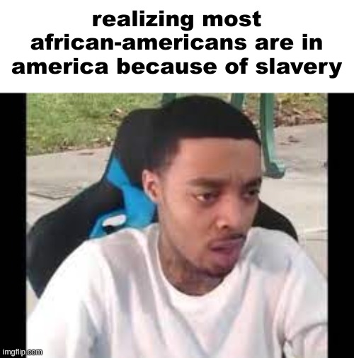 Flight reacts | realizing most african-americans are in america because of slavery | image tagged in flight reacts | made w/ Imgflip meme maker