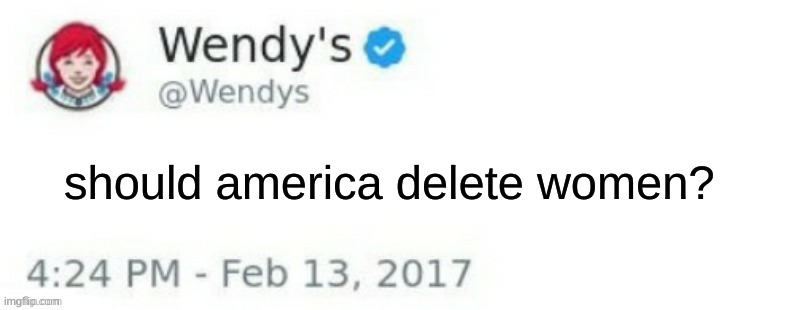 Wendy's Twitter | SHOULD AMERACA DELETE WEMEN? should america delete women? | image tagged in wendy's twitter | made w/ Imgflip meme maker