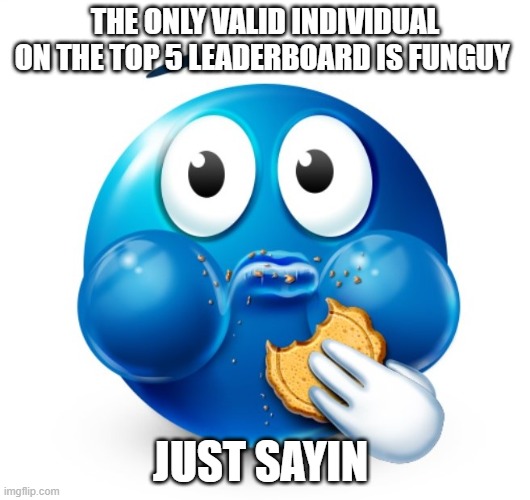 Blue guy snacking | THE ONLY VALID INDIVIDUAL ON THE TOP 5 LEADERBOARD IS FUNGUY; JUST SAYIN | image tagged in blue guy snacking | made w/ Imgflip meme maker