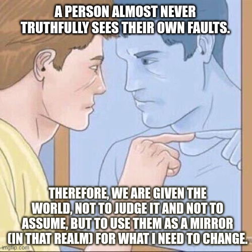 fault finders keep wrong reflections | A PERSON ALMOST NEVER TRUTHFULLY SEES THEIR OWN FAULTS. THEREFORE, WE ARE GIVEN THE WORLD, NOT TO JUDGE IT AND NOT TO ASSUME, BUT TO USE THEM AS A MIRROR (IN THAT REALM) FOR WHAT I NEED TO CHANGE. | image tagged in pointing mirror guy,mirror,consciousness,likeness,project | made w/ Imgflip meme maker