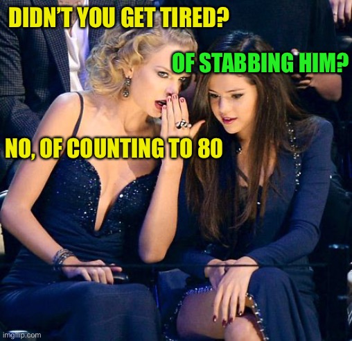 girl talk | DIDN’T YOU GET TIRED? NO, OF COUNTING TO 80 OF STABBING HIM? | image tagged in girl talk | made w/ Imgflip meme maker