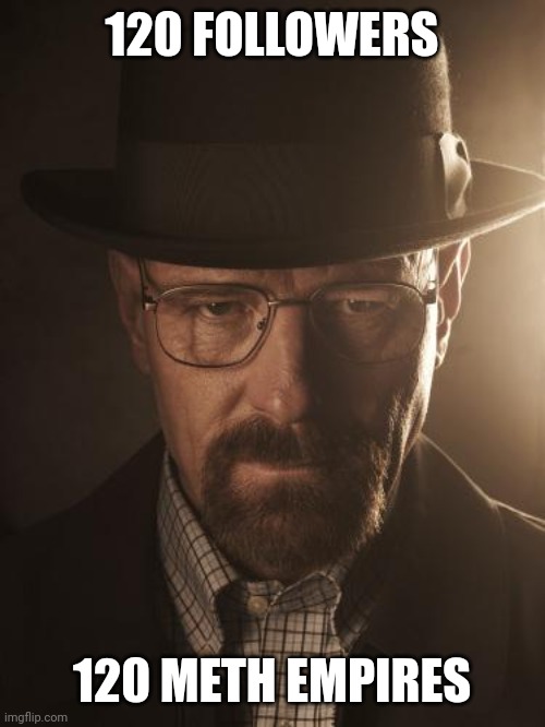 Walter White | 120 FOLLOWERS; 120 METH EMPIRES | image tagged in walter white | made w/ Imgflip meme maker