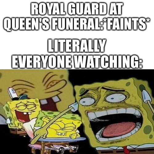 ITS NOT FUNNY WHATS WRONG WITH YOU GUYS |  ROYAL GUARD AT QUEEN'S FUNERAL:*FAINTS*; LITERALLY EVERYONE WATCHING: | image tagged in memes,sad,spongebob laughing hysterically | made w/ Imgflip meme maker