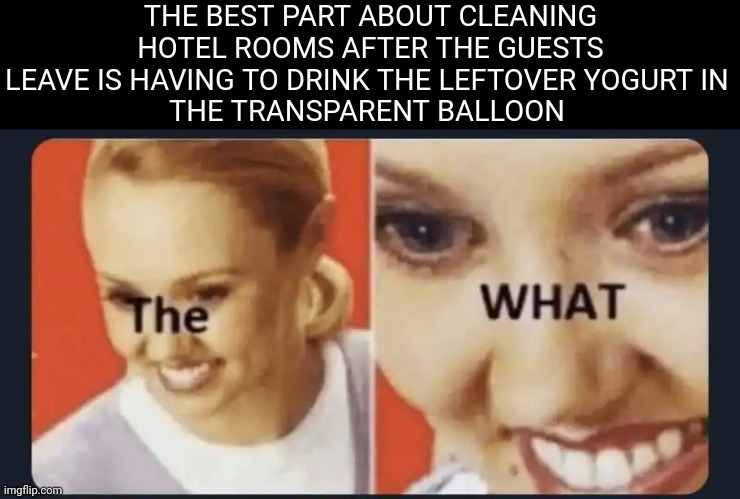 THE BEST PART ABOUT CLEANING HOTEL ROOMS AFTER THE GUESTS LEAVE IS HAVING TO DRINK THE LEFTOVER YOGURT IN 
THE TRANSPARENT BALLOON | image tagged in the what | made w/ Imgflip meme maker