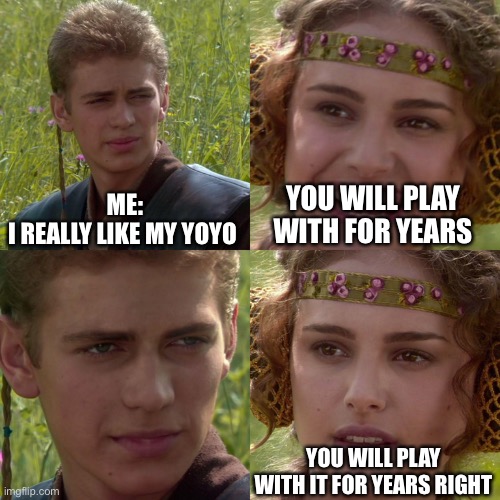 Anakin Padme 4 Panel | ME:
I REALLY LIKE MY YOYO; YOU WILL PLAY WITH FOR YEARS; YOU WILL PLAY WITH IT FOR YEARS RIGHT | image tagged in anakin padme 4 panel | made w/ Imgflip meme maker