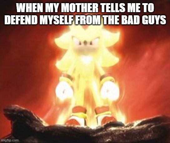 Super Shadow | WHEN MY MOTHER TELLS ME TO DEFEND MYSELF FROM THE BAD GUYS | image tagged in super shadow | made w/ Imgflip meme maker