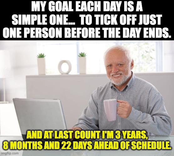 Just one | MY GOAL EACH DAY IS A SIMPLE ONE...  TO TICK OFF JUST ONE PERSON BEFORE THE DAY ENDS. AND AT LAST COUNT I'M 3 YEARS, 8 MONTHS AND 22 DAYS AHEAD OF SCHEDULE. | image tagged in hide the pain harold large | made w/ Imgflip meme maker