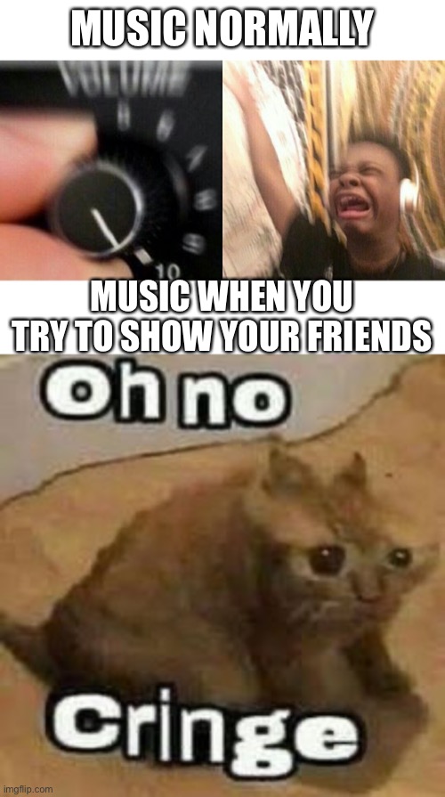 MUSIC NORMALLY; MUSIC WHEN YOU TRY TO SHOW YOUR FRIENDS | image tagged in loud music,oh no cringe | made w/ Imgflip meme maker