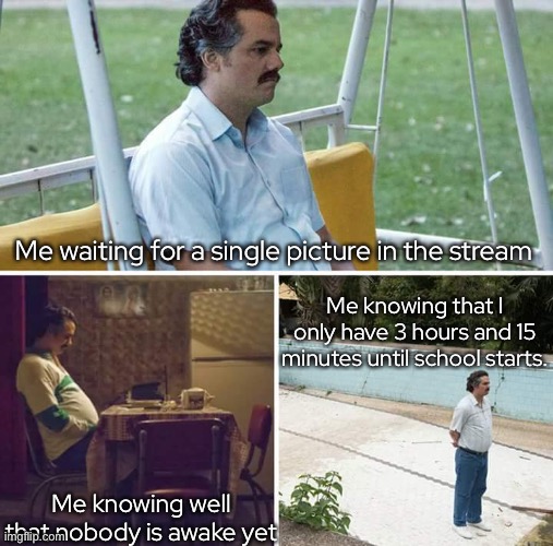 - | Me waiting for a single picture in the stream; Me knowing that I only have 3 hours and 15 minutes until school starts. Me knowing well that nobody is awake yet | made w/ Imgflip meme maker