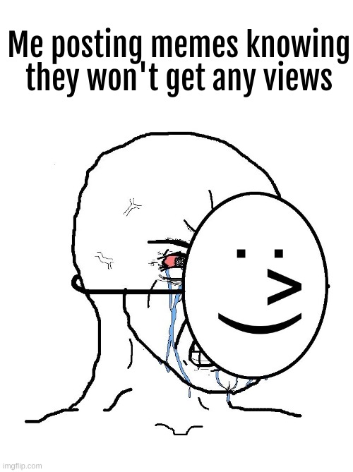 Jk idc about views I just wanna make people laugh | Me posting memes knowing they won't get any views | image tagged in pretending to be happy hiding crying behind a mask | made w/ Imgflip meme maker