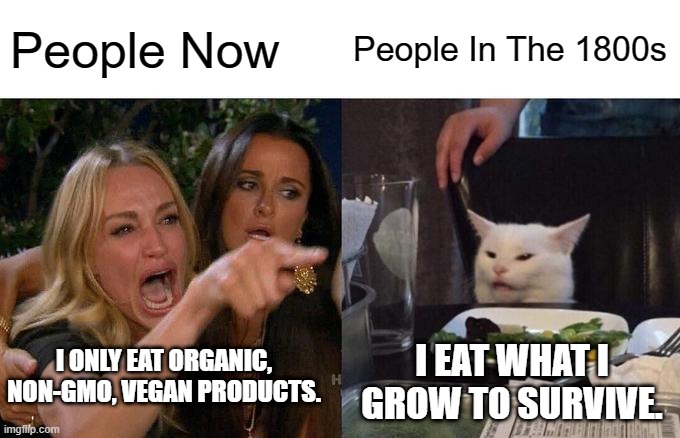 Am I wrong though? | People Now; People In The 1800s; I ONLY EAT ORGANIC, NON-GMO, VEGAN PRODUCTS. I EAT WHAT I GROW TO SURVIVE. | image tagged in memes,woman yelling at cat | made w/ Imgflip meme maker