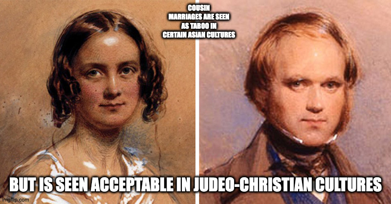 Cousin Marriage | COUSIN MARRIAGES ARE SEEN AS TABOO IN CERTAIN ASIAN CULTURES; BUT IS SEEN ACCEPTABLE IN JUDEO-CHRISTIAN CULTURES | image tagged in incest,cousin,memes | made w/ Imgflip meme maker