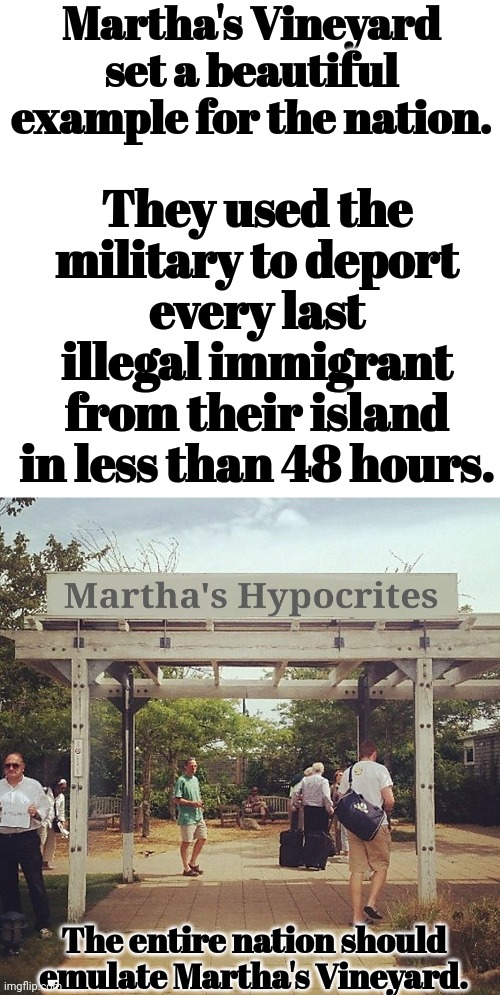 The entire nation should emulate Martha's Vineyard. | Martha's Vineyard set a beautiful example for the nation. They used the military to deport every last illegal immigrant from their island in less than 48 hours. The entire nation should emulate Martha's Vineyard. | image tagged in liberal hypocrisy,democrat,double standards | made w/ Imgflip meme maker