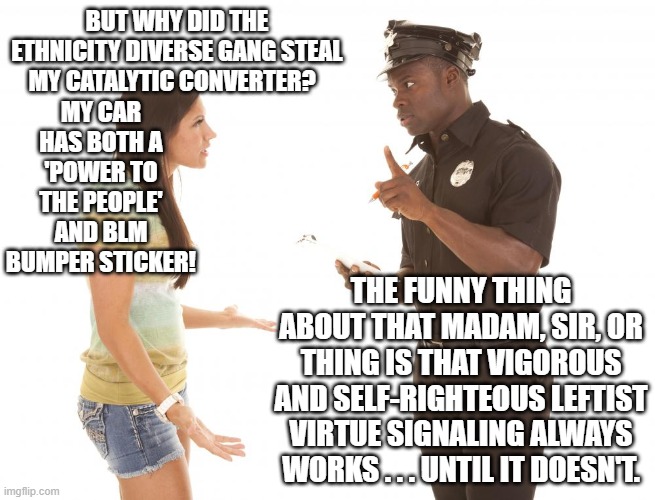 Into every silly leftist life . . . some reality must fall. | MY CAR HAS BOTH A 'POWER TO THE PEOPLE' AND BLM BUMPER STICKER! BUT WHY DID THE ETHNICITY DIVERSE GANG STEAL MY CATALYTIC CONVERTER? THE FUNNY THING ABOUT THAT MADAM, SIR, OR THING IS THAT VIGOROUS AND SELF-RIGHTEOUS LEFTIST VIRTUE SIGNALING ALWAYS WORKS . . . UNTIL IT DOESN'T. | image tagged in virtue signaling | made w/ Imgflip meme maker