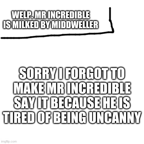 another reply | WELP. MR INCREDIBLE IS MILKED BY MIDDWELLER; SORRY I FORGOT TO MAKE MR INCREDIBLE SAY IT BECAUSE HE IS TIRED OF BEING UNCANNY | image tagged in memes,blank transparent square,my comments | made w/ Imgflip meme maker