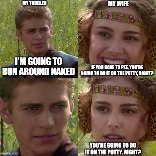 Toddler Potty Training | MY WIFE; MY TODDLER; IF YOU HAVE TO PEE, YOU'RE GOING TO DO IT ON THE POTTY, RIGHT? I'M GOING TO RUN AROUND NAKED; YOU'RE GOING TO DO IT ON THE POTTY, RIGHT? | image tagged in anakin padme 4 panel,toddler,potty,kids | made w/ Imgflip meme maker