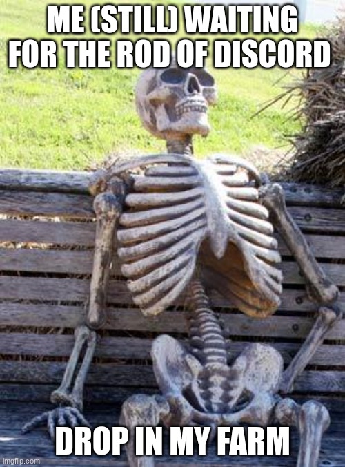 WHYYY | ME (STILL) WAITING FOR THE ROD OF DISCORD; DROP IN MY FARM | image tagged in memes,waiting skeleton,terraria | made w/ Imgflip meme maker