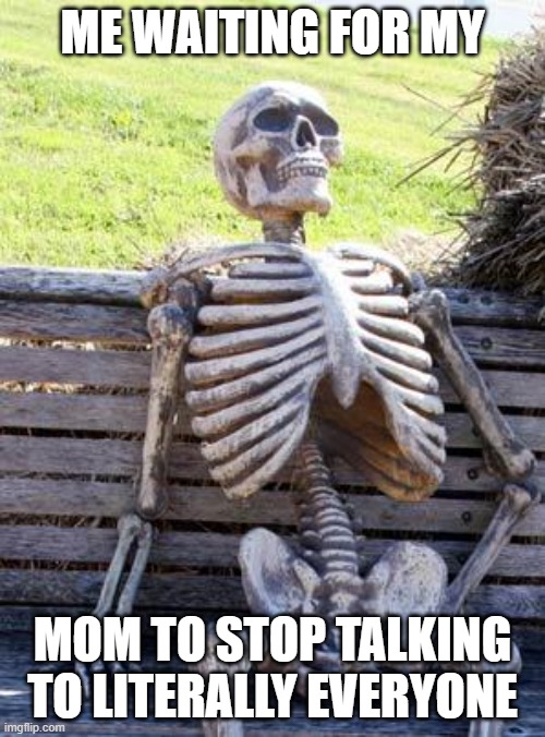 *Dying of dehydration* Mom PlEaSe | ME WAITING FOR MY; MOM TO STOP TALKING TO LITERALLY EVERYONE | image tagged in memes,waiting skeleton,mom,hurry up | made w/ Imgflip meme maker