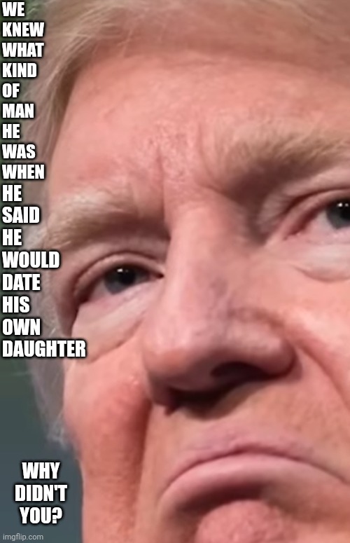 Despicable Deplorable Donald | WE
KNEW
WHAT
KIND
OF
MAN
HE
WAS
WHEN; HE SAID HE WOULD DATE HIS OWN DAUGHTER; WHY DIDN'T YOU? | image tagged in memes,despicable donald,deplorable donald,disgusting donald,incest,lock him up | made w/ Imgflip meme maker