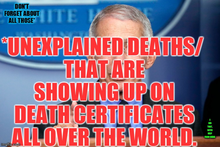 Fauchi Lecture | *UNEXPLAINED DEATHS/ 
THAT ARE SHOWING UP ON DEATH CERTIFICATES ALL OVER THE WORLD. DON'T FORGET ABOUT ALL THOSE*; I DID THAT, WITH HELP FROM CHINA | image tagged in fauchi lecture | made w/ Imgflip meme maker