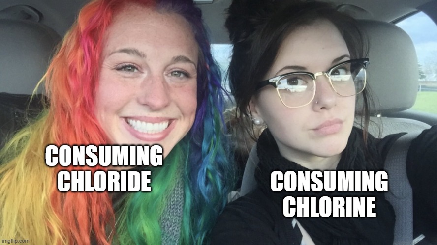 one letter difference |  CONSUMING CHLORIDE; CONSUMING CHLORINE | image tagged in rainbow hair and goth | made w/ Imgflip meme maker