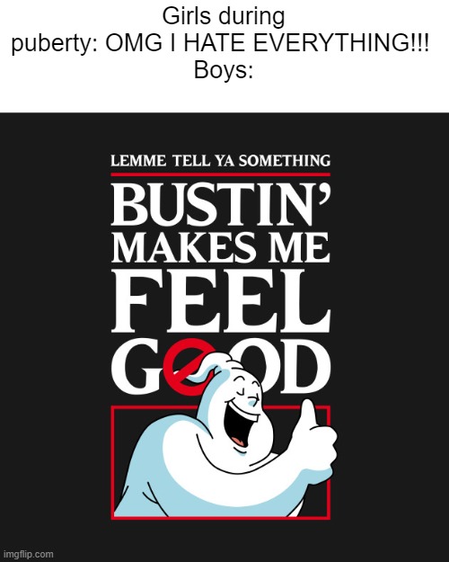 bustin' makes me feel good | Girls during puberty: OMG I HATE EVERYTHING!!! 
Boys: | made w/ Imgflip meme maker